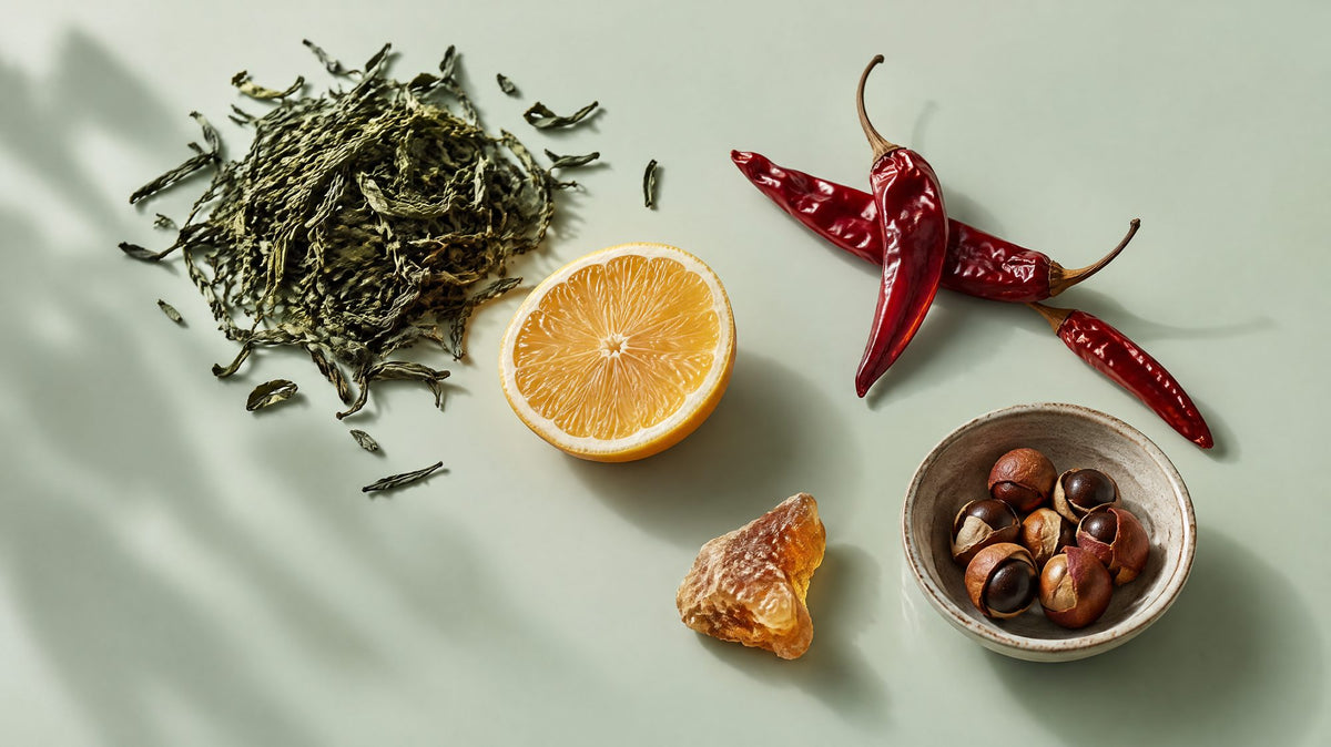 Zutaten der Meri Detox Kapsel auf einer salbeifarbenen Fläche ausgelegt