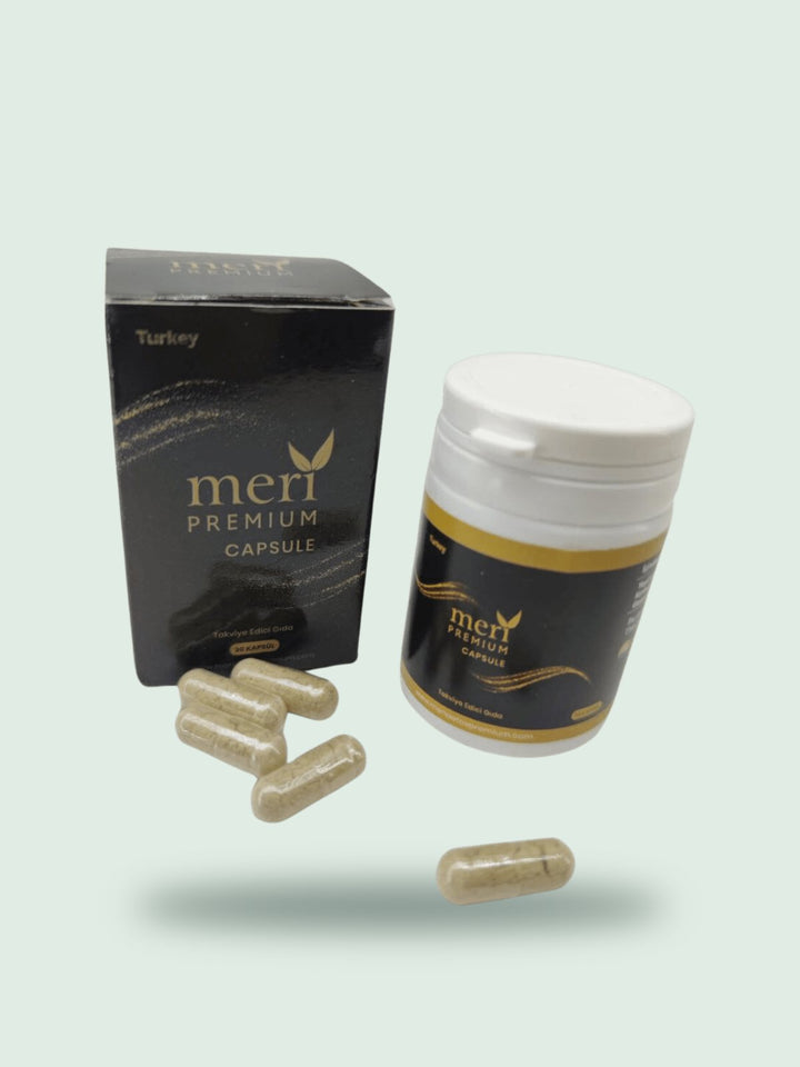 Meri Premium Capsule box and tub with loose capsules, on a soft sage background