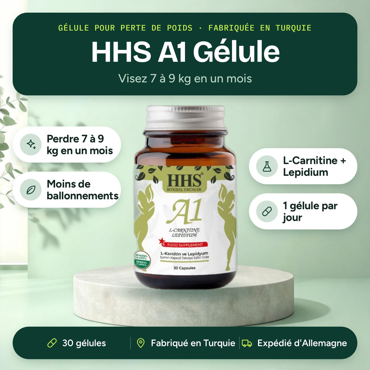 HHS A1 L-Carnitine Lepidium Capsule 30 gélules : objectif 7 to 9 kg en un mois, moins de ballonnements, L-Carnitine et Lepidium, une gélule par jour