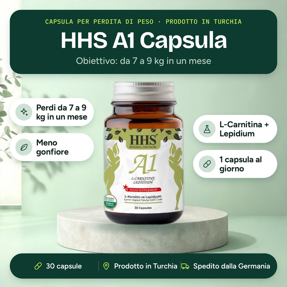 HHS A1 L-Carnitine Lepidium Capsule 30 capsule: obiettivo 7 to 9 kg in un mese, meno gonfiore, L-Carnitine e Lepidium, una capsula al giorno