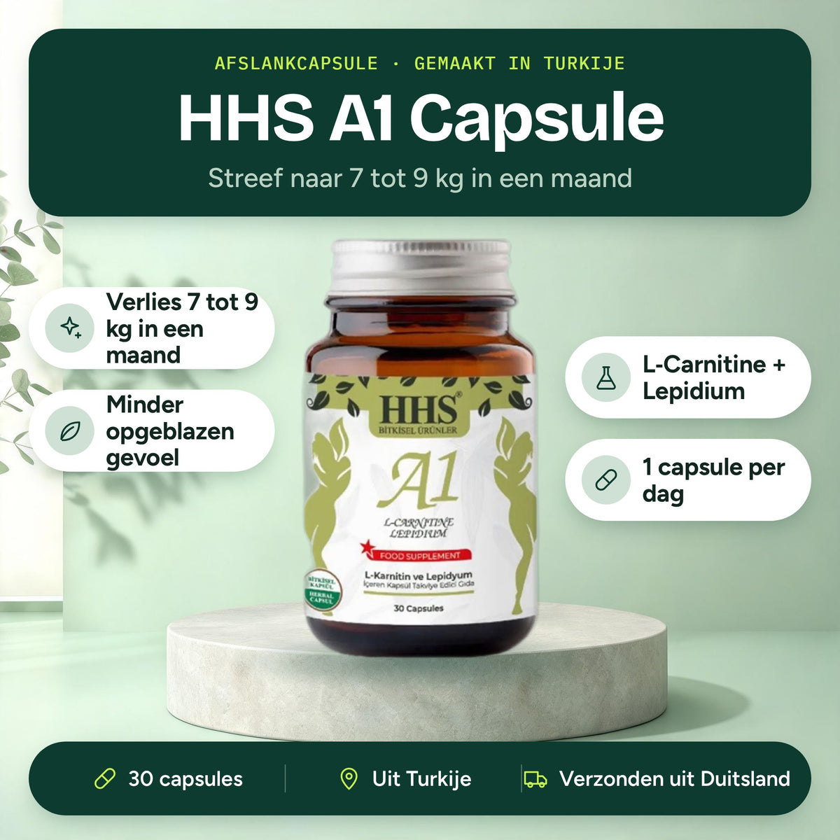 HHS A1 L-Carnitine Lepidium Capsule 30 capsules: streef naar 7 to 9 kg in een maand, minder opgeblazen gevoel, L-Carnitine en Lepidium, één capsule per dag