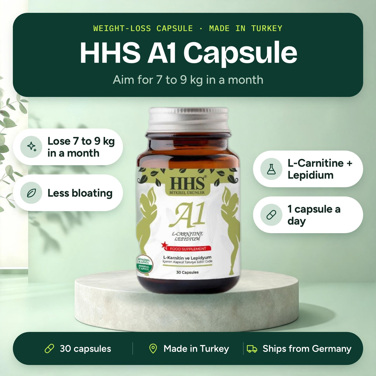 HHS A1 L‑Carnitin Lepidium Kapsel 30 Kapseln: Ziel 7 to 9 kg in einem Monat, weniger Blähbauch, L‑Carnitin und Lepidium, eine Kapsel täglich