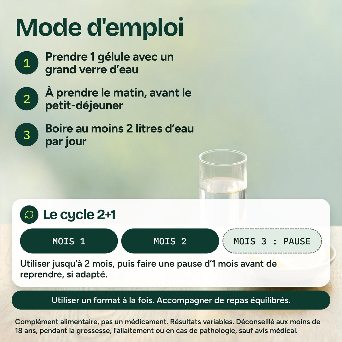 Comment utiliser HHS A1 L-Carnitine Lepidium Capsule : 1 gélule avec de l’eau avant le petit-déjeuner, 2 litres d’eau par jour, cycle 2+1 mois