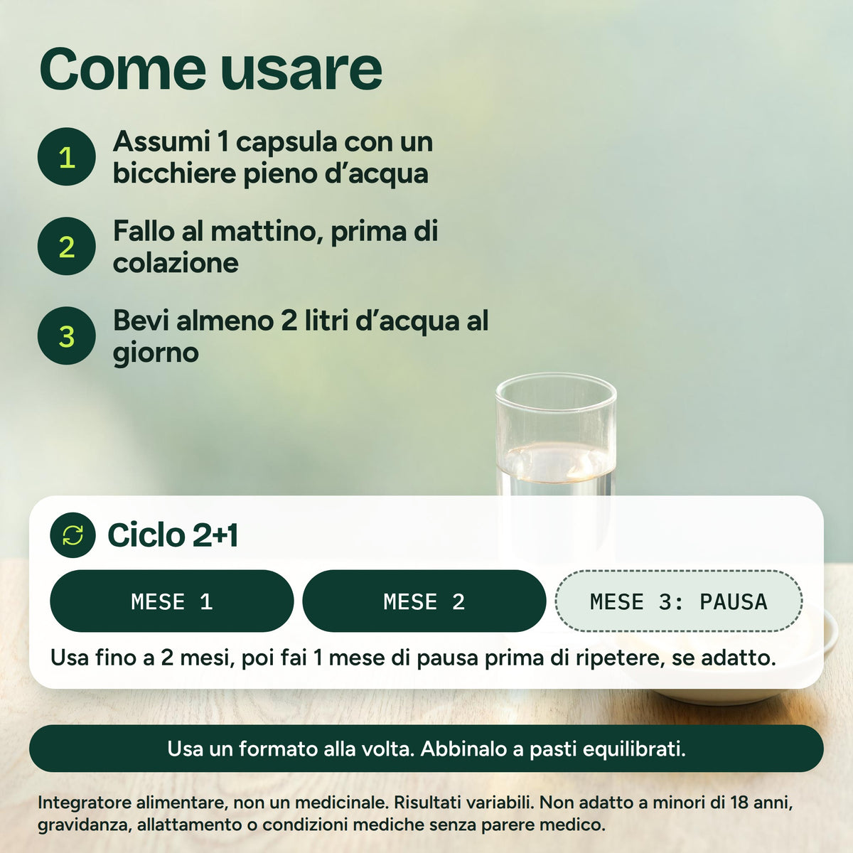 Come usare HHS A1 L-Carnitine Lepidium Capsule: 1 capsula con acqua prima di colazione, 2 litri di acqua al giorno, ciclo 2+1 mesi