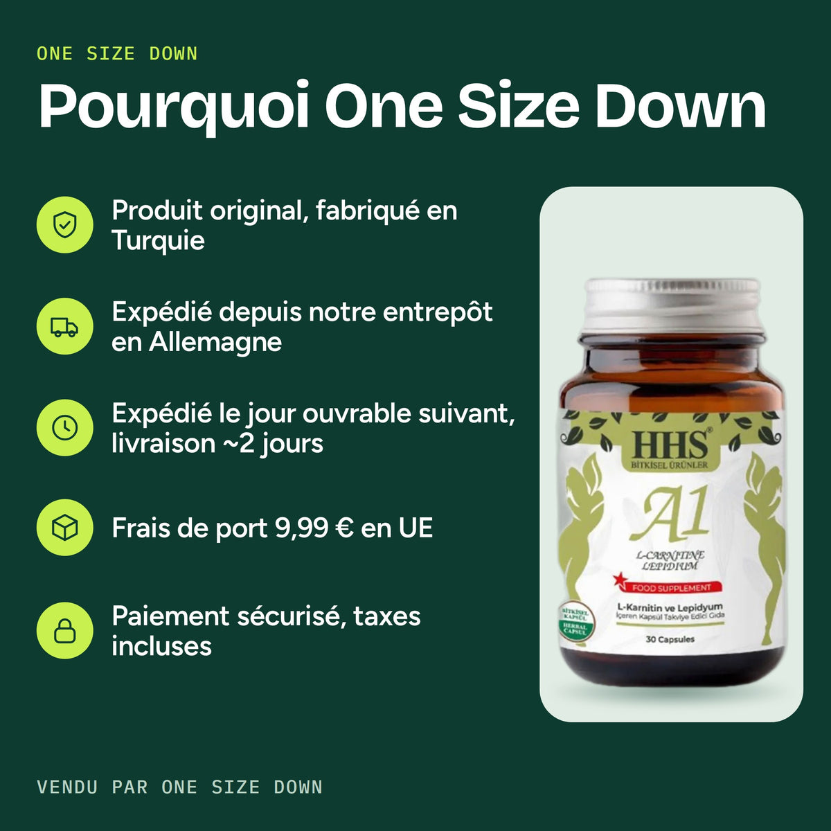 Pourquoi acheter HHS A1 L-Carnitine Lepidium Capsule chez One Size Down : expédié d’Allemagne le jour ouvrable suivant, livraison UE forfait 9,99 €, paiement sécurisé