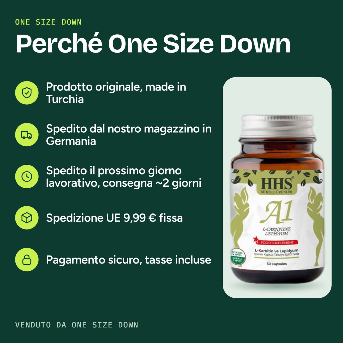 Perché comprare HHS A1 L-Carnitine Lepidium Capsule da One Size Down: spedito dalla Germania il giorno lavorativo successivo, spedizione flat 9,99 EUR UE, checkout sicuro