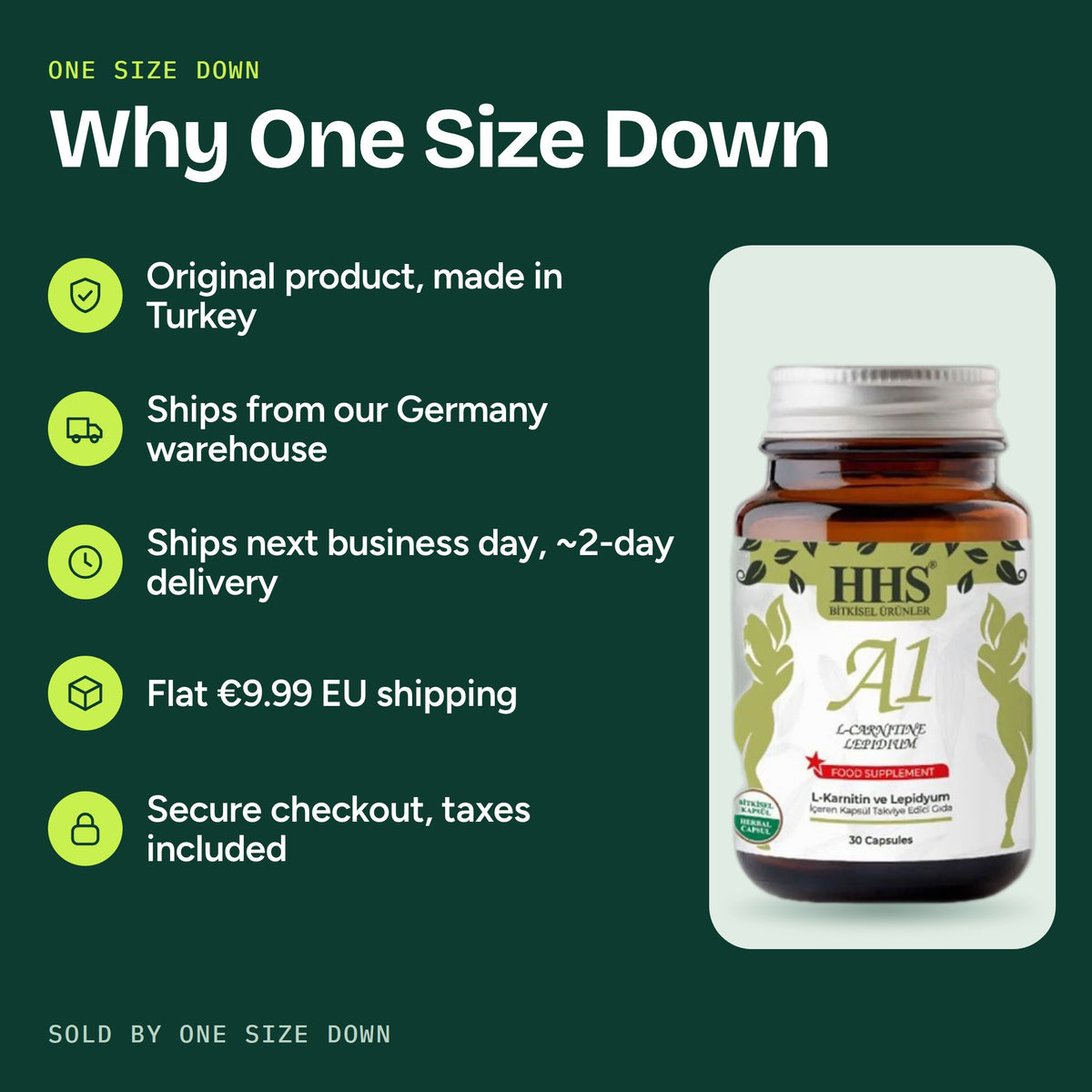 Warum HHS A1 L‑Carnitin Lepidium Kapsel bei One Size Down kaufen: Versand aus Deutschland am nächsten Werktag, pauschal 9,99 EUR Versand in der EU, sicherer Checkout