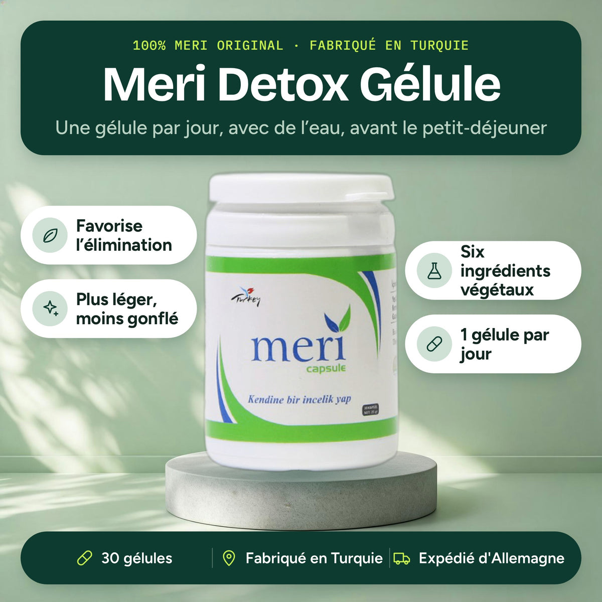 Gélules Detox Meri 30 gélules avec les principaux bienfaits : soutient le nettoyage, six ingrédients végétaux, une gélule par jour