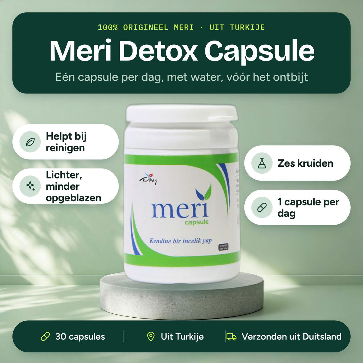 Meri Detox Capsule 30 capsules met belangrijkste voordelen: ondersteunt reiniging, zes kruideningrediënten, één capsule per dag