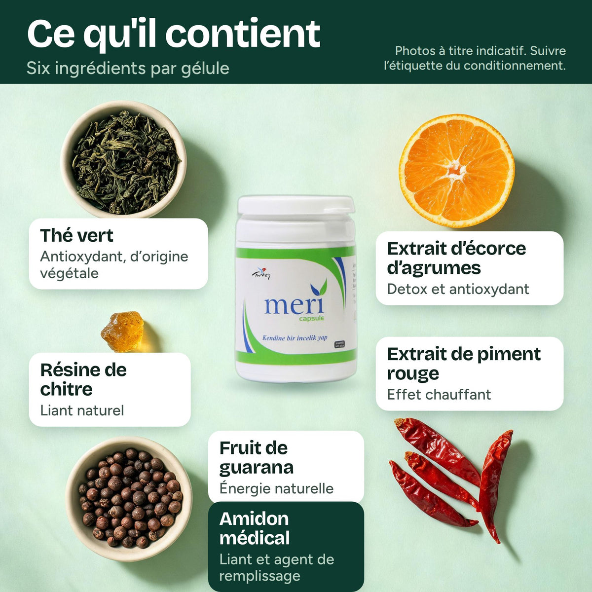Ingrédients des gélules Detox Meri : thé vert, écorce d'agrume, poivron rouge, guarana, résine de chitre, amidon médicinal