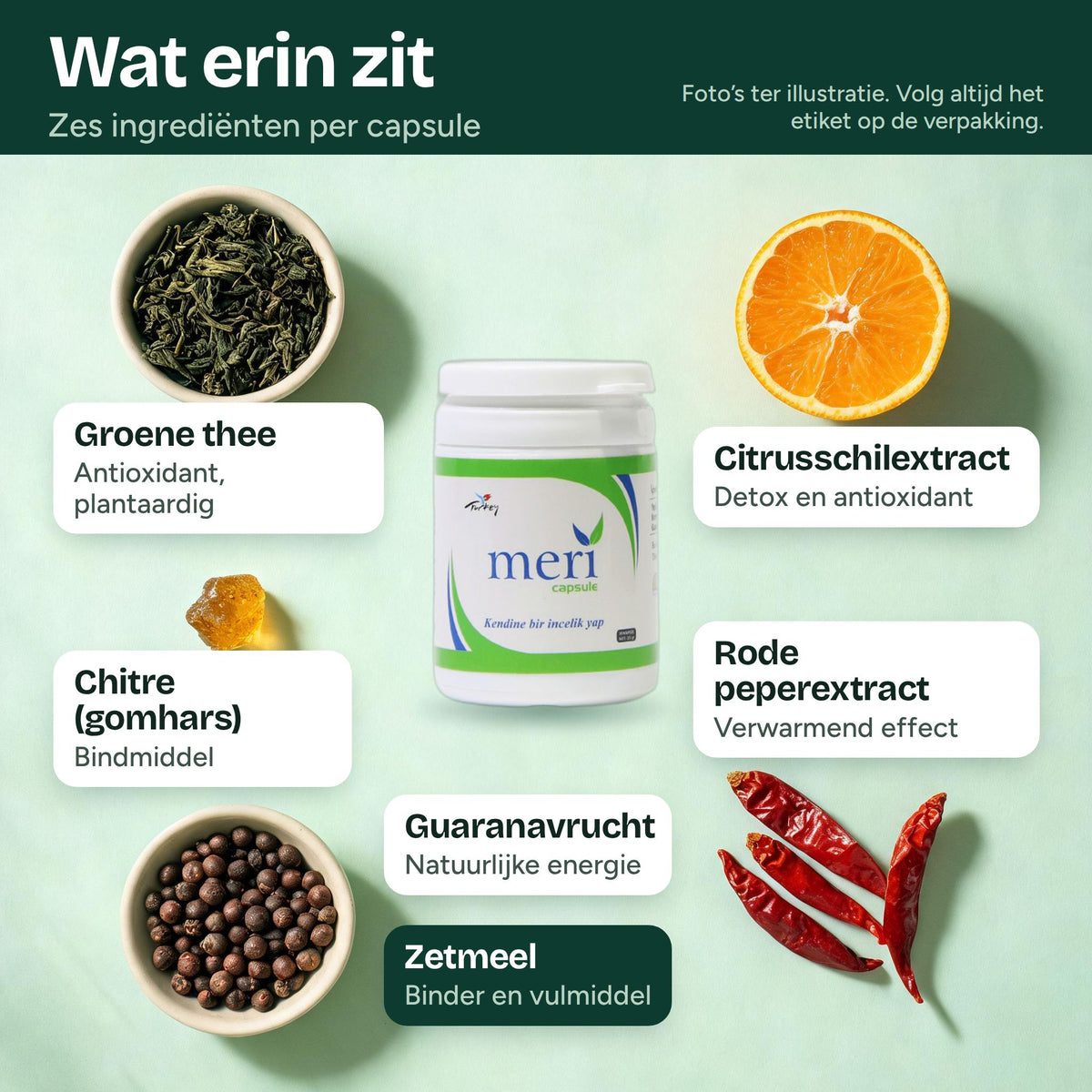 Meri Detox Capsule ingrediënten: groene thee, citrusschil, rode peper, guarana, chitre hars, medicinale zetmeel
