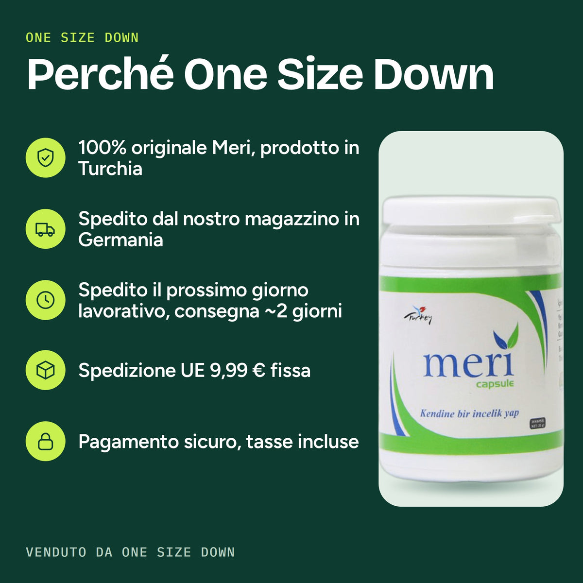Perché comprare da One Size Down: Meri originale, spedito dalla Germania in 2-4 giorni lavorativi